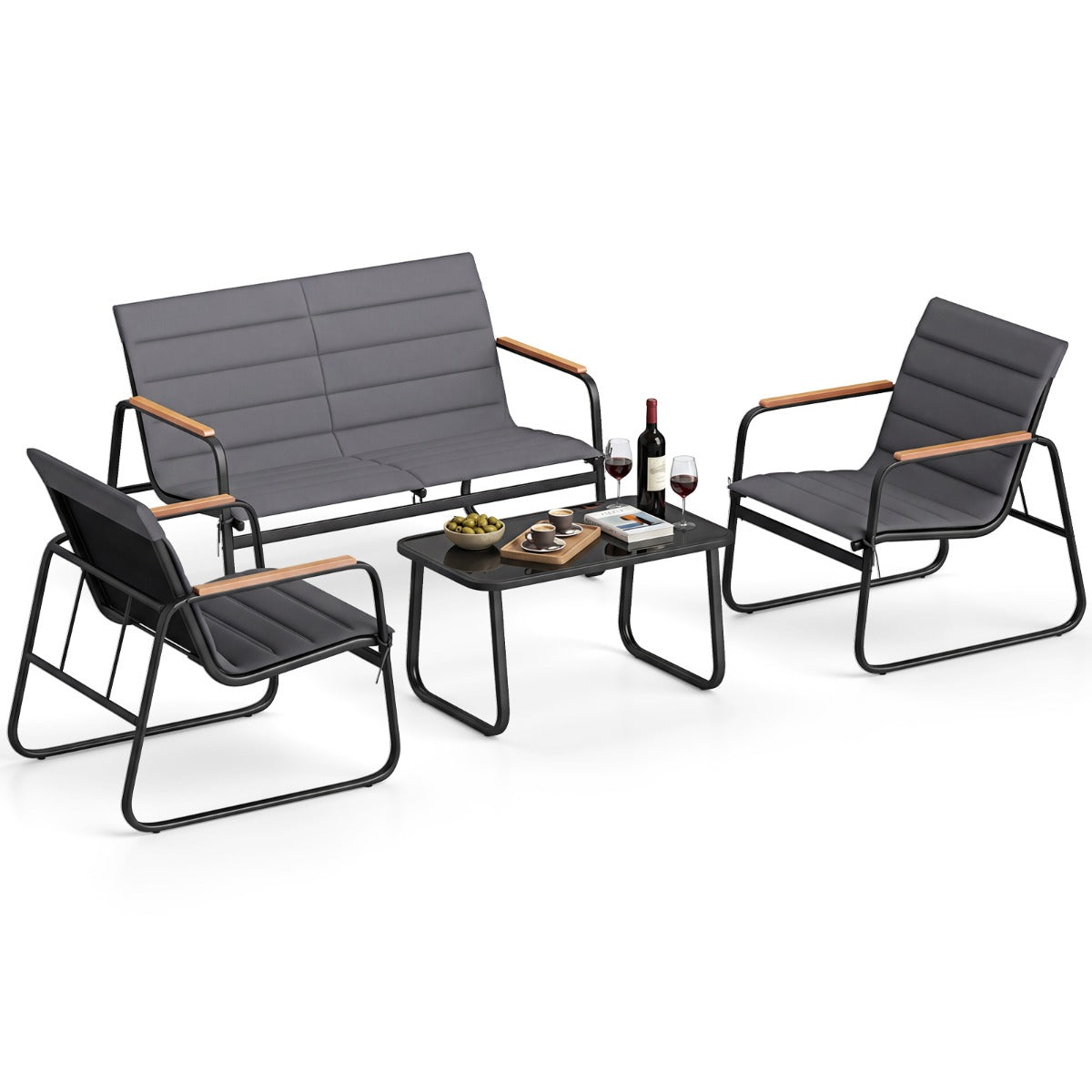 LIVSK Tuinmeubelset - Veiligheidsglas - Beklede Terrasstoelen - Salontafel - Grijs
