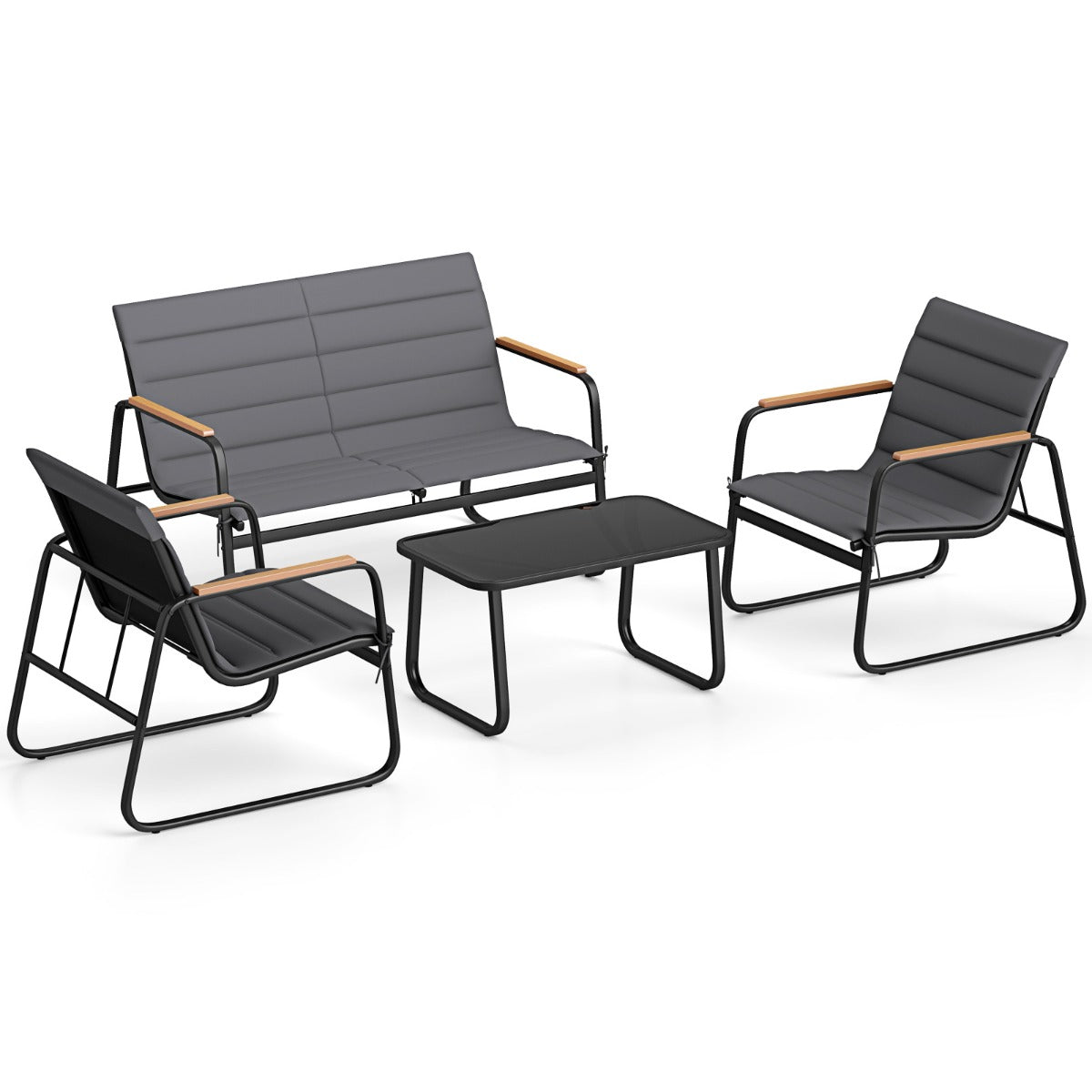 LIVSK Tuinmeubelset - Veiligheidsglas - Beklede Terrasstoelen - Salontafel - Grijs
