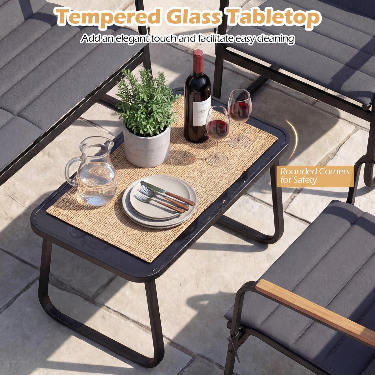 LIVSK Tuinmeubelset - Veiligheidsglas - Beklede Terrasstoelen - Salontafel - Grijs