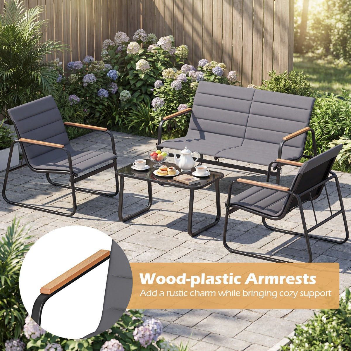 LIVSK Tuinmeubelset - Veiligheidsglas - Beklede Terrasstoelen - Salontafel - Grijs