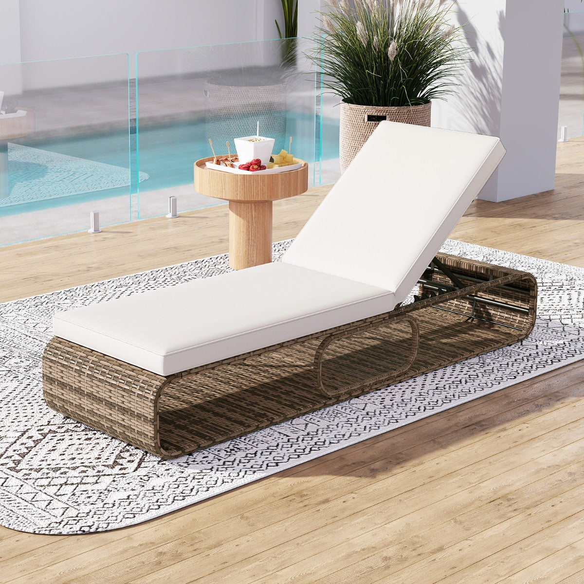 LIVSK Tuinset met Parasol, Parasolvoet en Ligstoel - HDPE Materiaal - Eenvoudige Montage - Draagvermogen 180 kg - Zwart/Naturel
