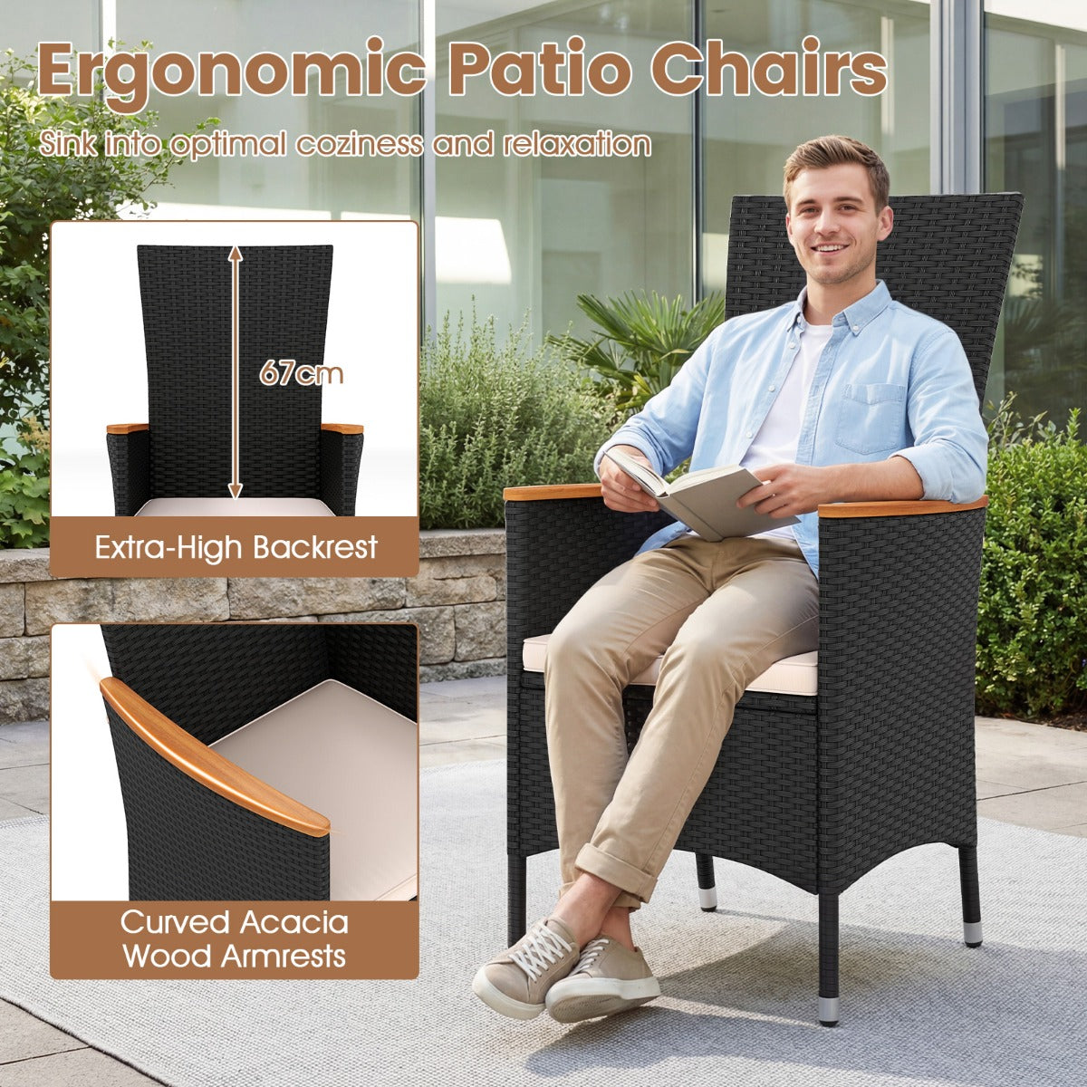 LIVSK Tuinstoelen Set van 2/4 - Handgevlochten PE-Rotan - Comfortabele Kussens - Stevig Metalen Frame - Zwart