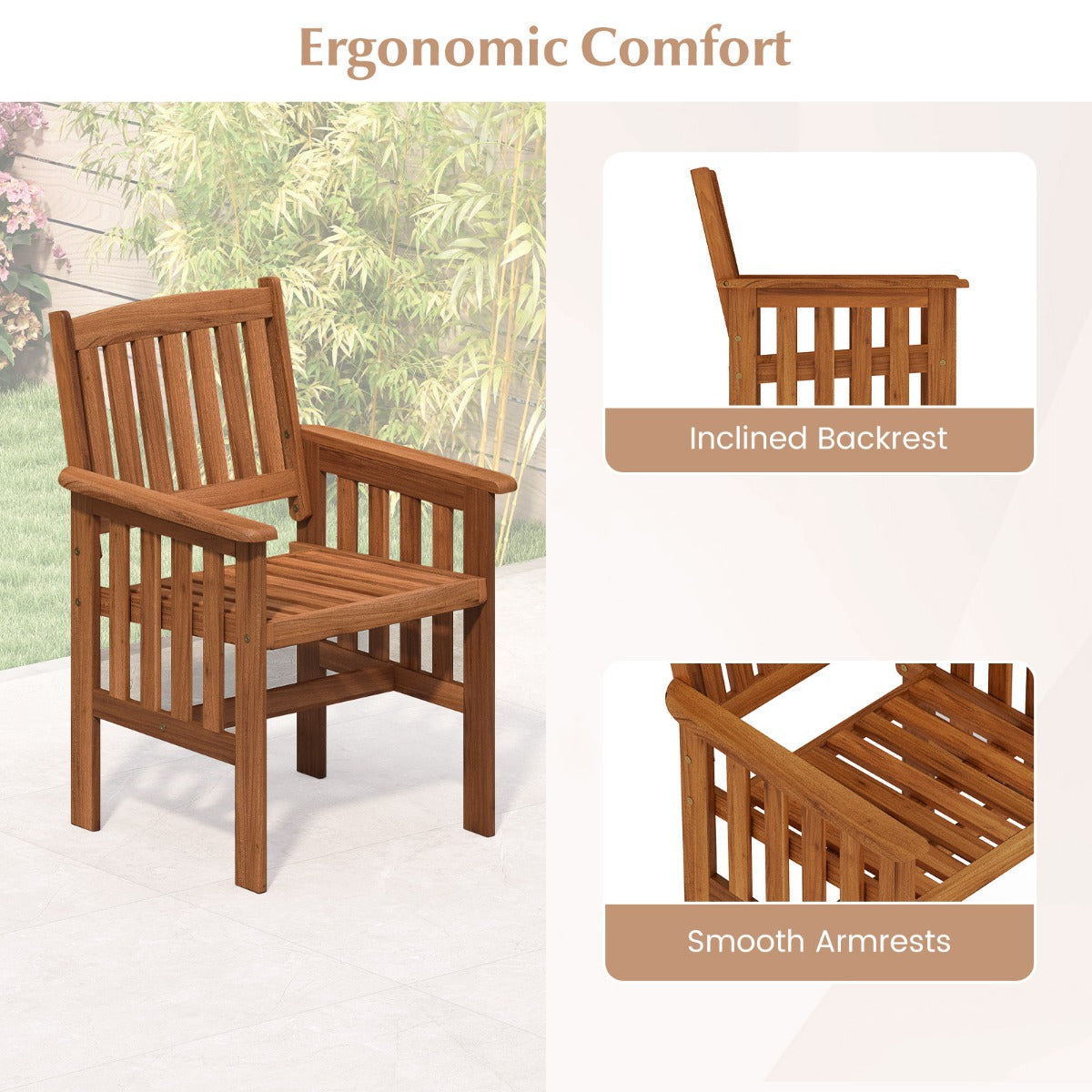LIVSK Tuinstoelen Set van 2 - Massief Hout - Ergonomische Rugleuning - Draagvermogen tot 136 kg - Naturel