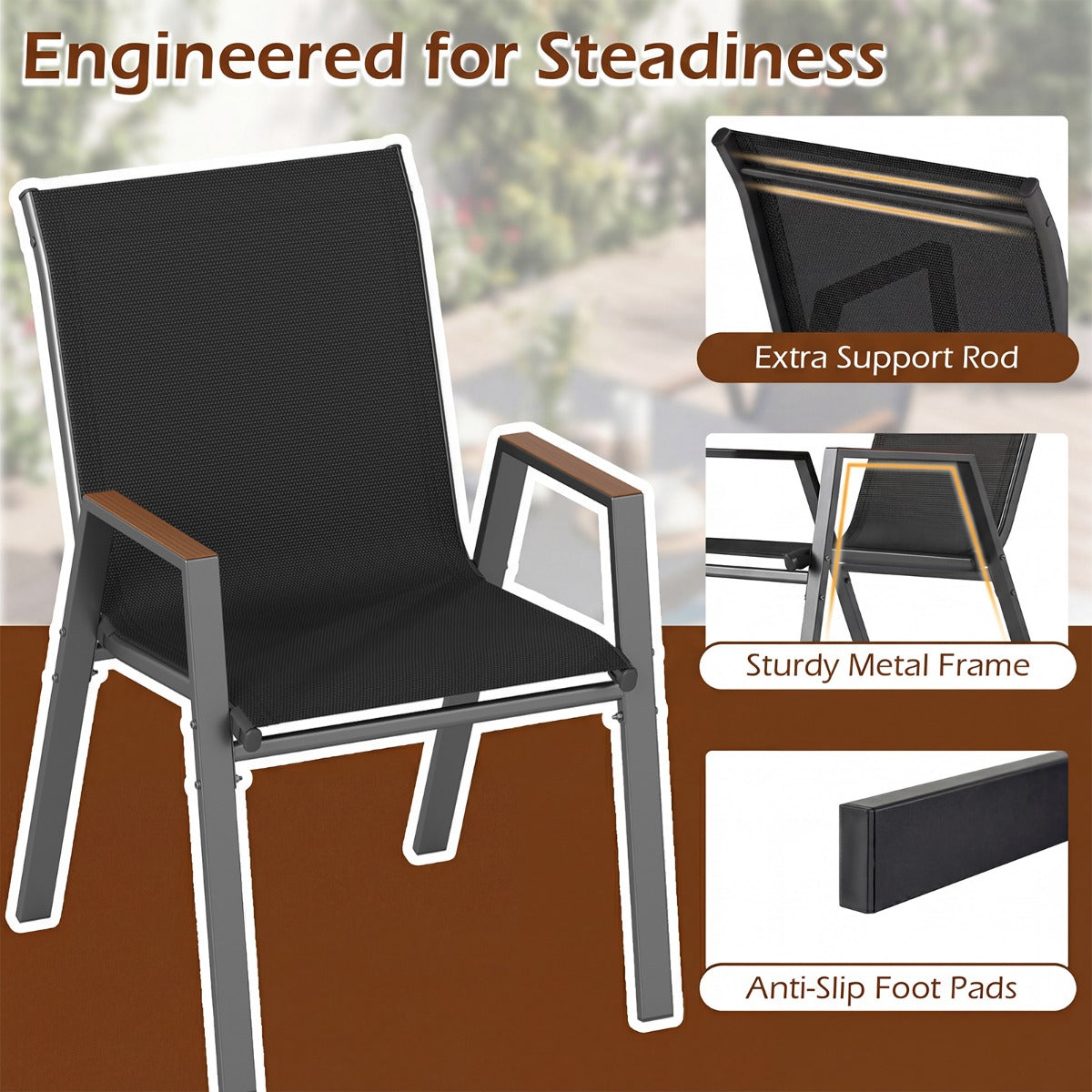 LIVSK Tuinstoelen Set van 8 - Ademend Teslin-weefsel - Ergonomische Rugleuning - Stapelbaar en Lichtgewicht - Zwart