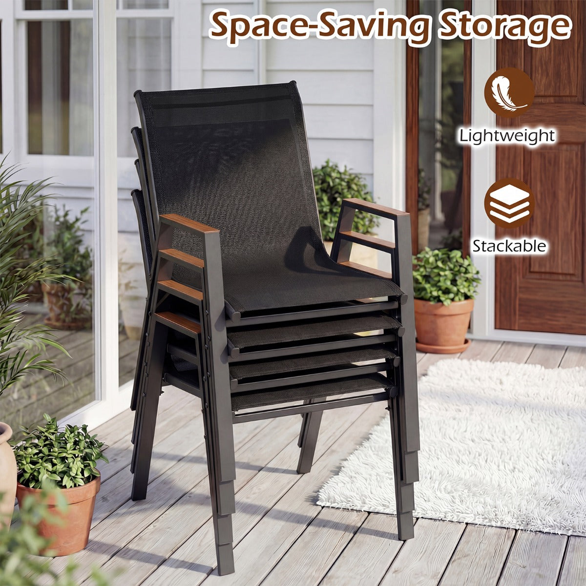 LIVSK Tuinstoelen Set van 8 - Ademend Teslin-weefsel - Ergonomische Rugleuning - Stapelbaar en Lichtgewicht - Zwart