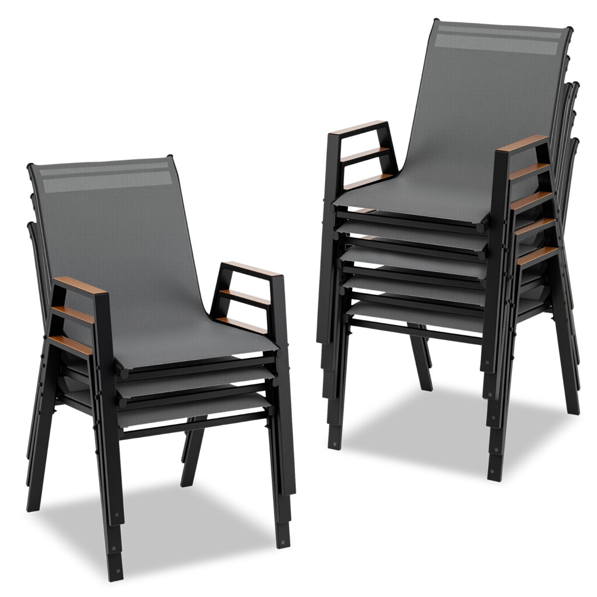 LIVSK Tuinstoelen Set van 8 - Ademend Teslin-weefsel - Ergonomische Rugleuning - Stapelbaar - Grijs