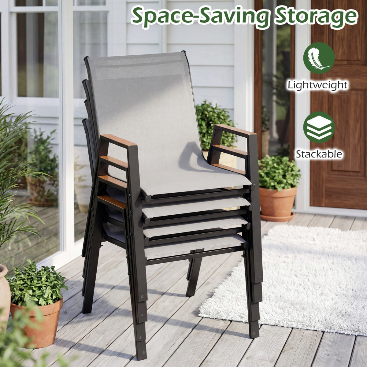LIVSK Tuinstoelen Set van 8 - Ademend Teslin-weefsel - Ergonomische Rugleuning - Stapelbaar - Grijs