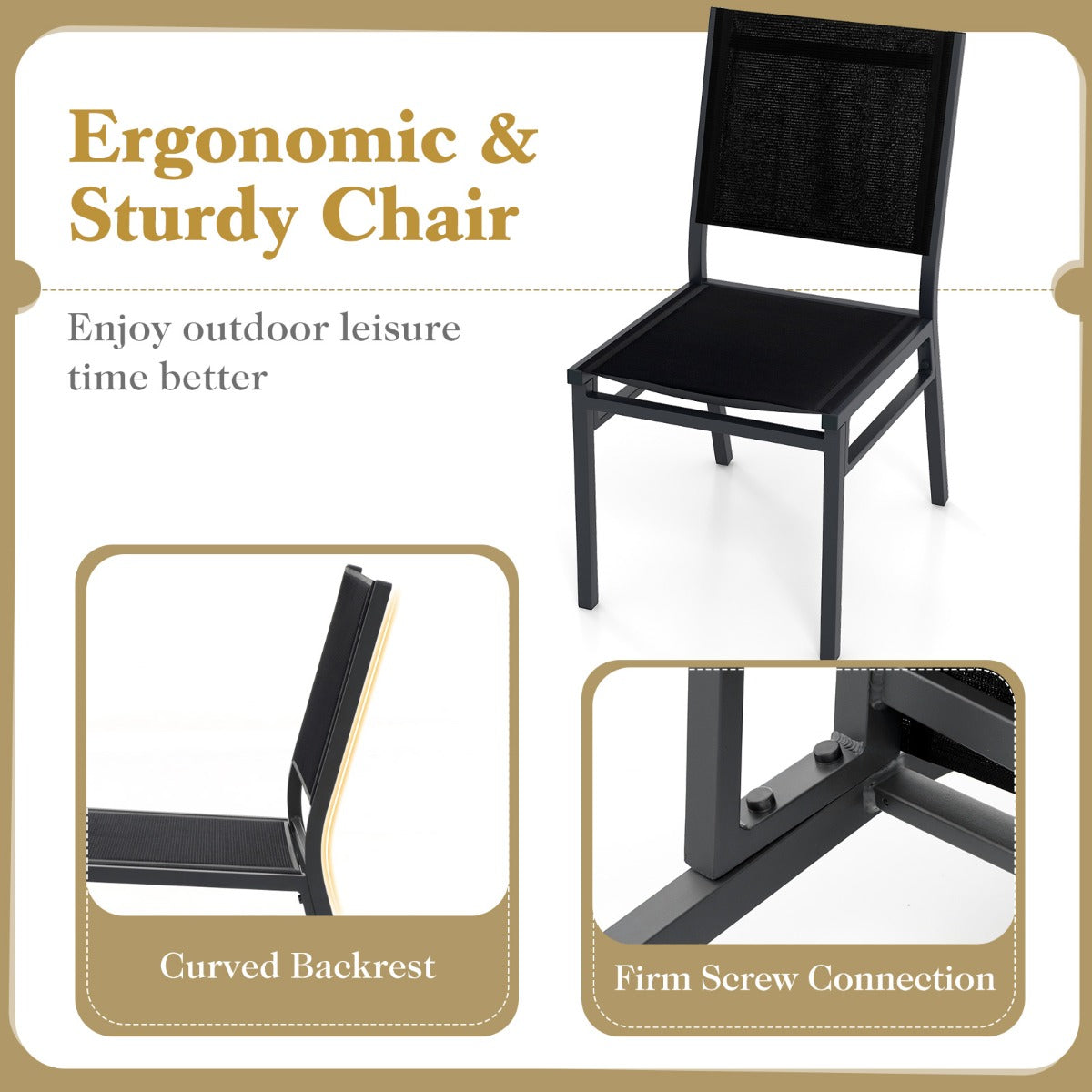 LIVSK Tuinstoelen - Stevig Aluminium Frame - Ademend en Sneldrogend - Ergonomische Rugleuning - Lichtgewicht - Zwart