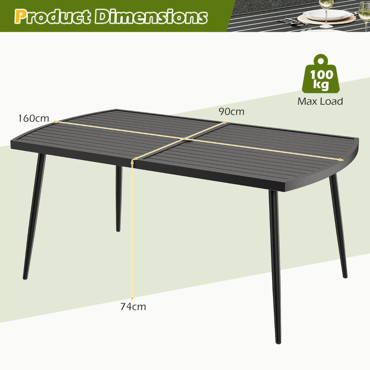 LIVSK Tuintafel 160 x 90 cm - Voor 6 Personen - Robuust Metaal - Parasolgat 4 cm - Eenvoudige Montage - Zwart
