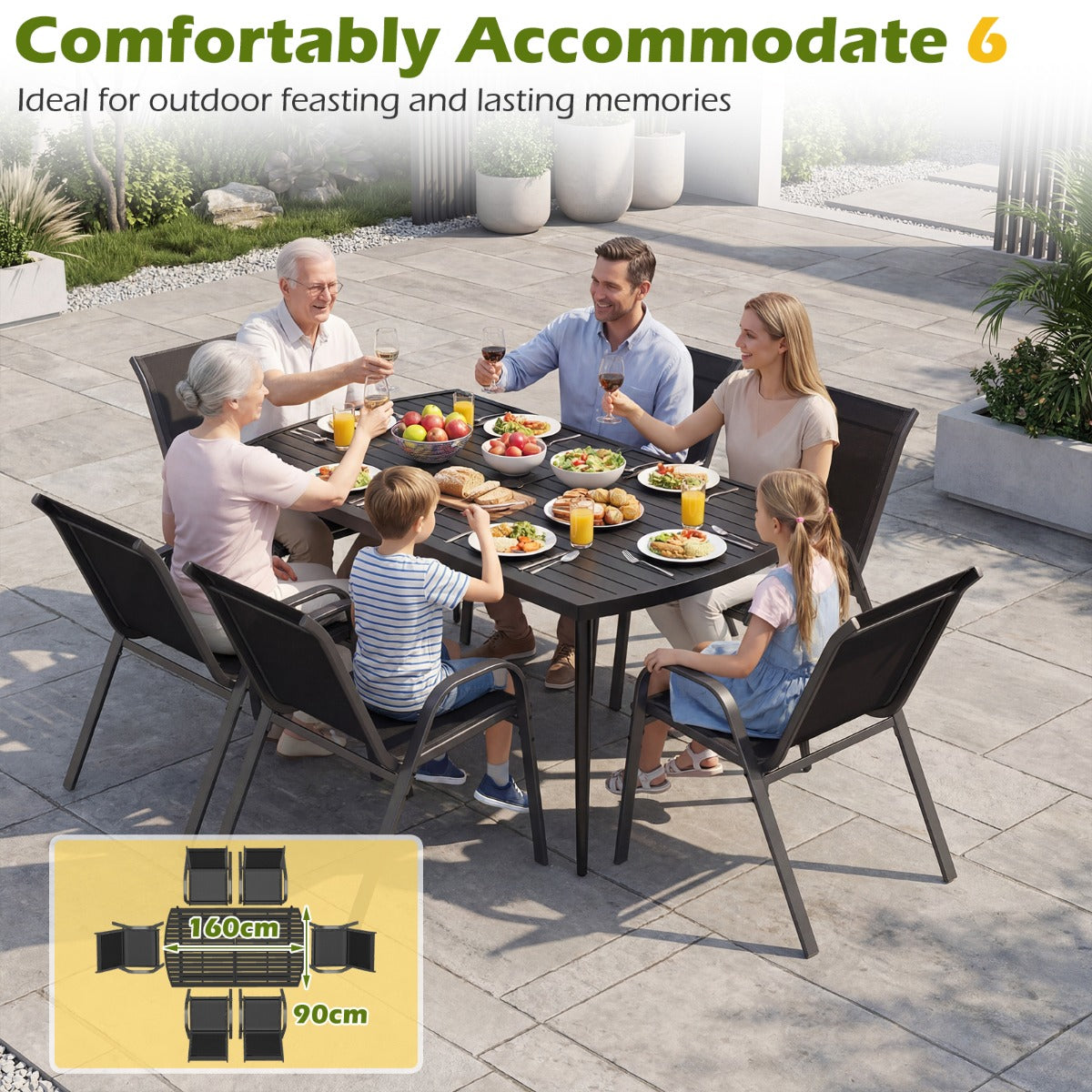 LIVSK Tuintafel 160 x 90 cm - Voor 6 Personen - Robuust Metaal - Parasolgat 4 cm - Eenvoudige Montage - Zwart