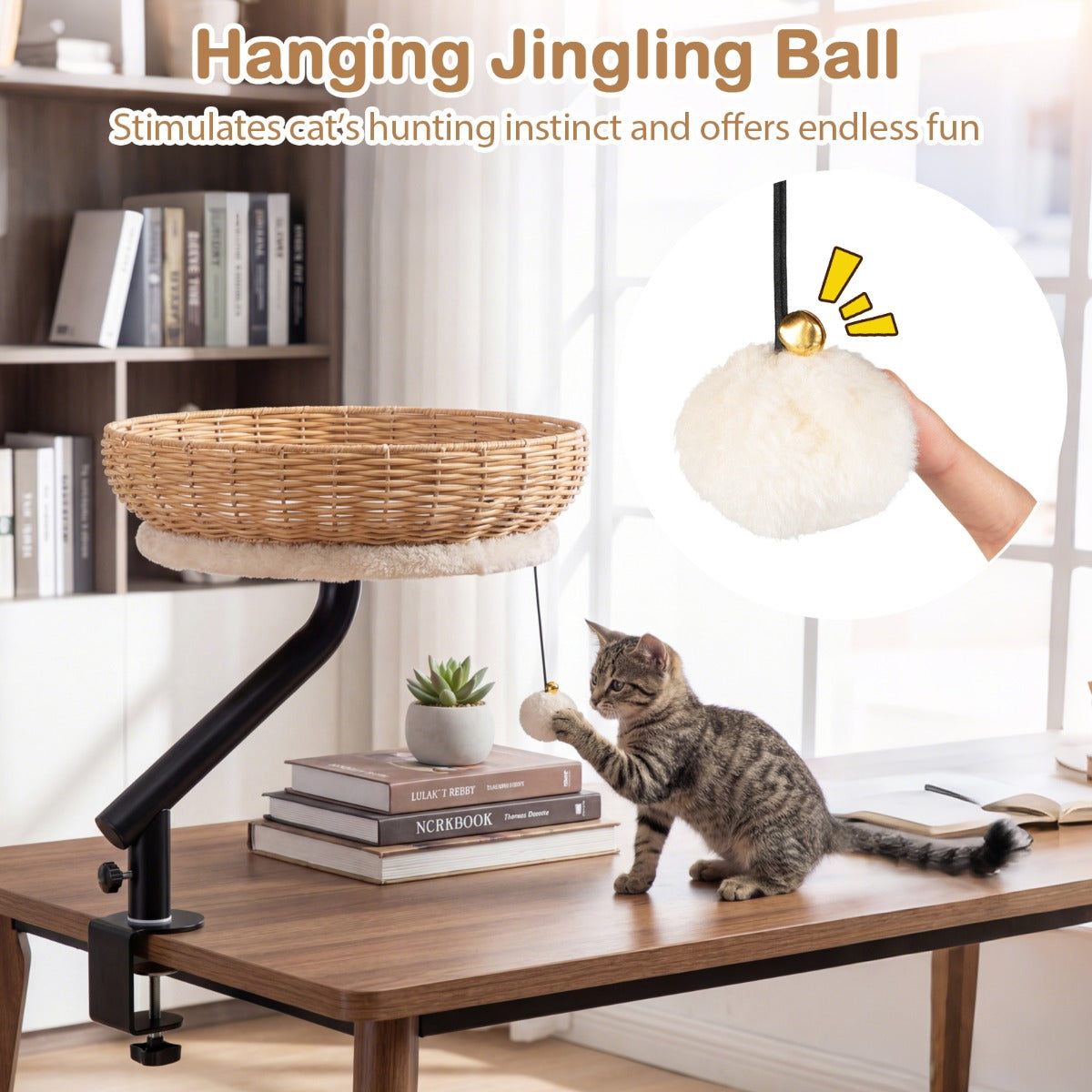 LIVSK Verhoogd Kattenbed voor Bureau - 360° Draaibaar - PE-Rotan - Eenvoudige Montage - Tot 10 kg - Naturel + Zwart + Wit