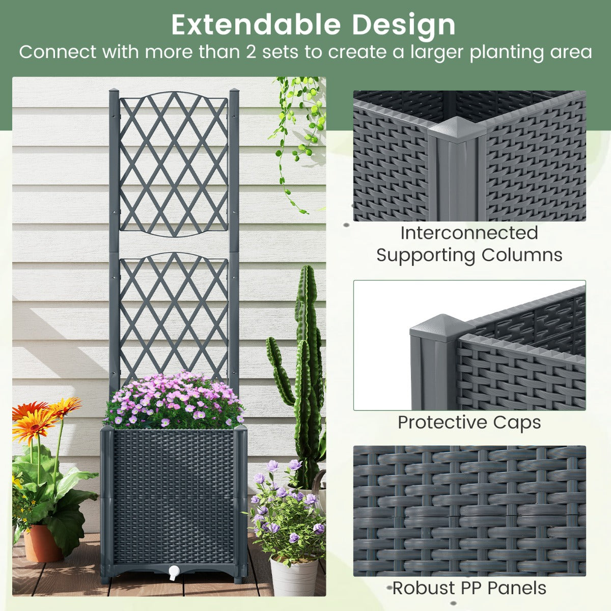 LIVSK Verhoogd Tuinbed 2-in-1 - Zelfbewateringssysteem - Uitbreidbaar Ontwerp - Stevig PP-Materiaal - 40 x 40 x 140 cm - Grijs