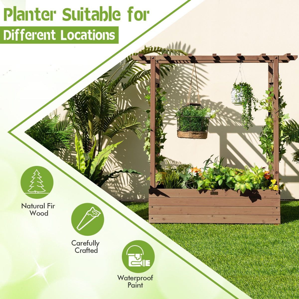 LIVSK Verhoogd Tuinbed met Latwerk - Massief Houten Frame - 4 Drainagegaten - Eenvoudige Montage - Bruin