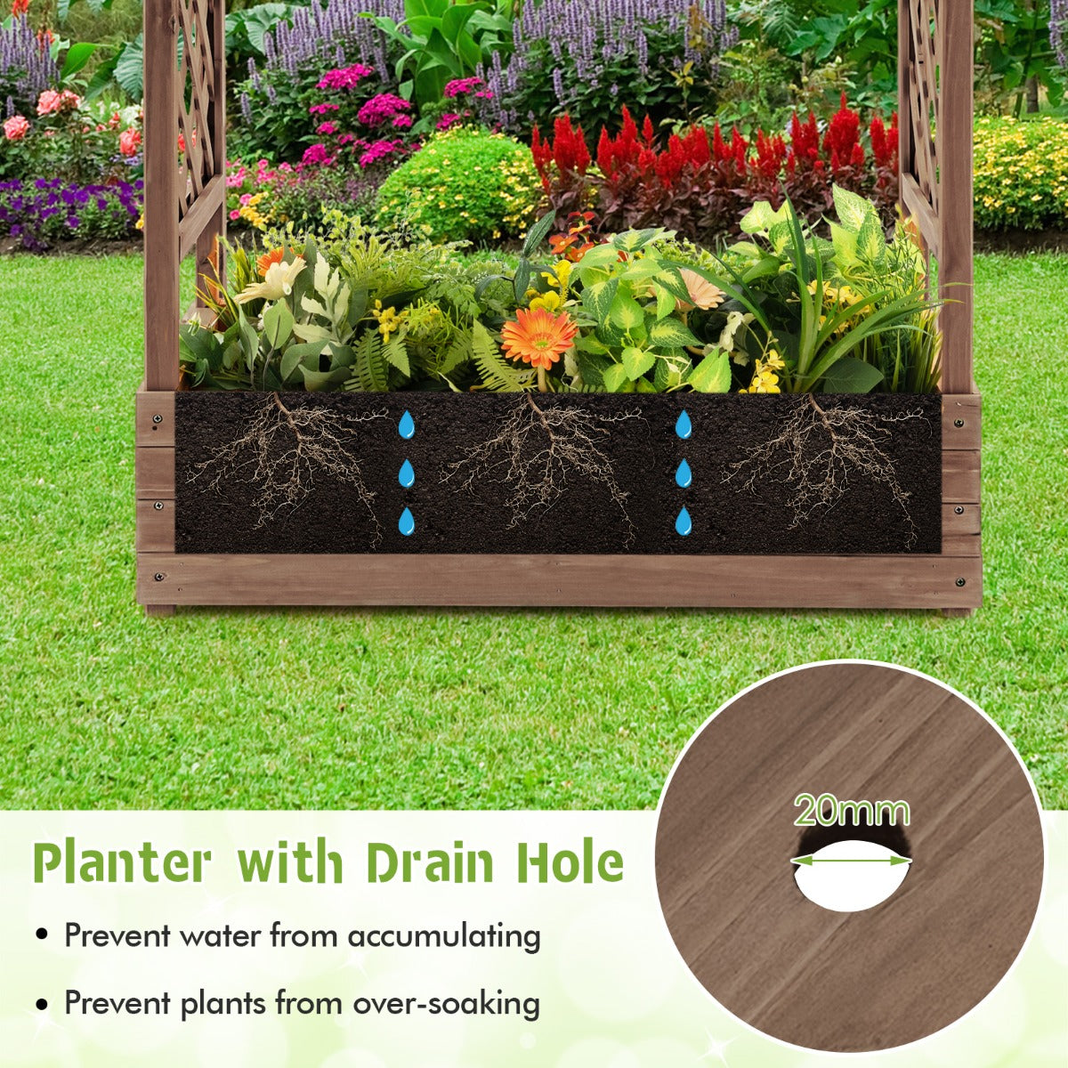 LIVSK Verhoogd Tuinbed met Latwerk - Massief Houten Frame - 4 Drainagegaten - Eenvoudige Montage - Bruin