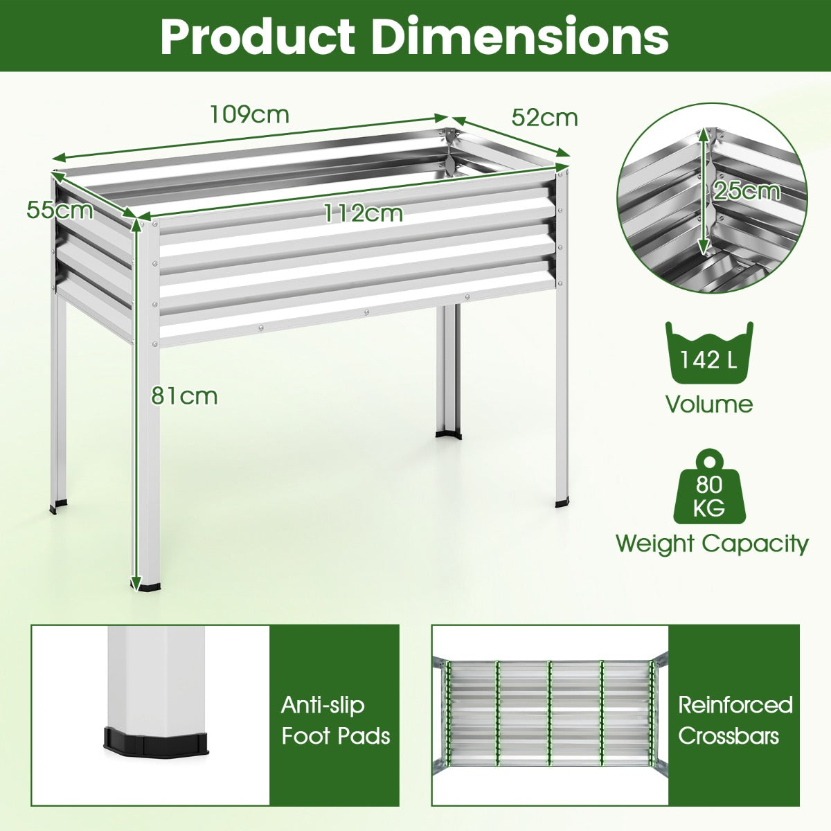 LIVSK Verhoogde Plantenbak - Ergonomische Werkhoogte 81 cm - Robuust Gegalvaniseerd Metaal - 142 Liter Inhoud - Zwart/Grijs/Zilver