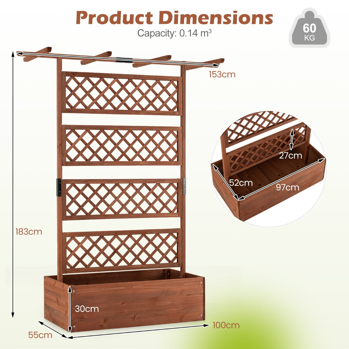 LIVSK Verhoogde Plantenbak - Houten Met Latwerk - Ruime Kweekruimte 97x52x27 cm - Stevig & Duurzaam - Bruin