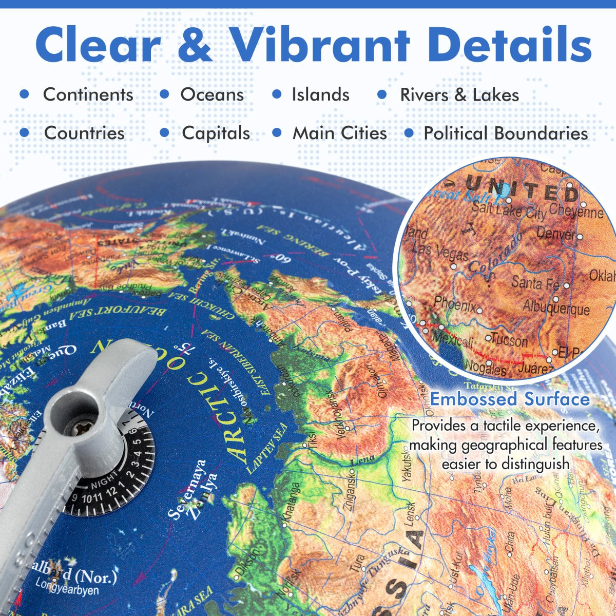 LIVSK Verlichte Wereldbol - Stevige Houten Voet - 360° Draaiend - Reliëfdetails - Educatief en Decoratief - Marineblauw