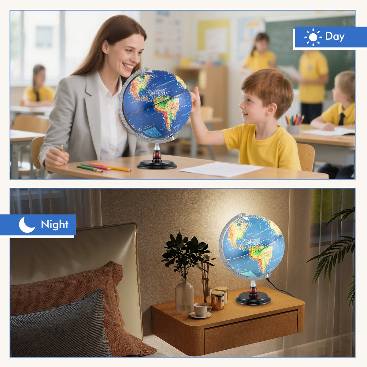 LIVSK Verlichte Wereldbol - Stevige Houten Voet - 360° Draaiend - Reliëfdetails - Educatief en Decoratief - Marineblauw