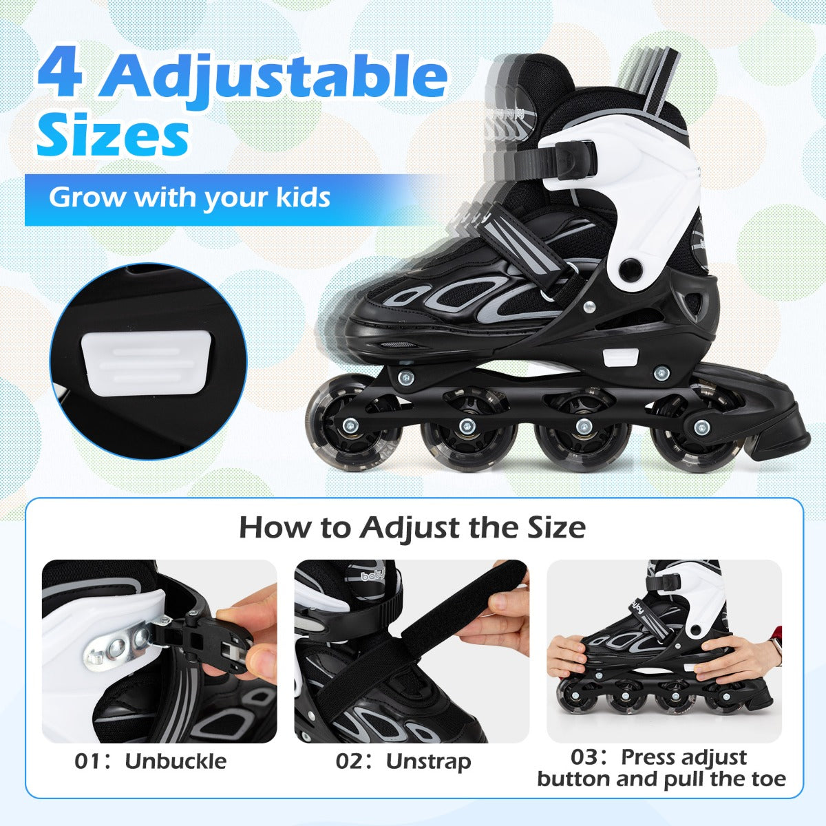 LIVSK Verstelbare Inline Skates voor Kinderen - 4 Maten - LED Verlichte Wielen - Comfortabel en Duurzaam - Wit & Zwart