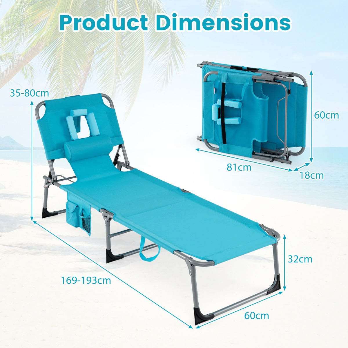 LIVSK Verstelbare Ligstoel - 4 Standen Rugleuning - Opvouwbaar en Compact - Tot 150 kg - Grijs/Turquoise/Blauwgroen Gestreept
