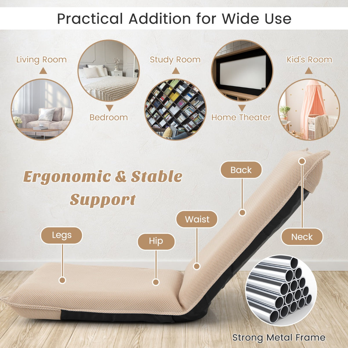 LIVSK Verstelbare Vloerstoel - 6-Traps Rugleuning - Lichtgewicht Metalen Frame - Ideaal voor Kinderen en Volwassenen - Beige