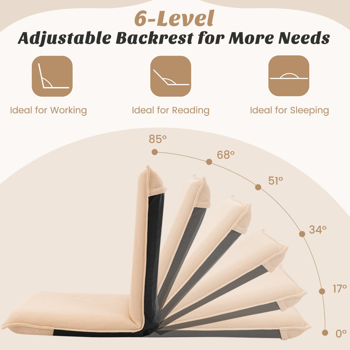 LIVSK Verstelbare Vloerstoel - 6-Traps Rugleuning - Lichtgewicht Metalen Frame - Ideaal voor Kinderen en Volwassenen - Beige