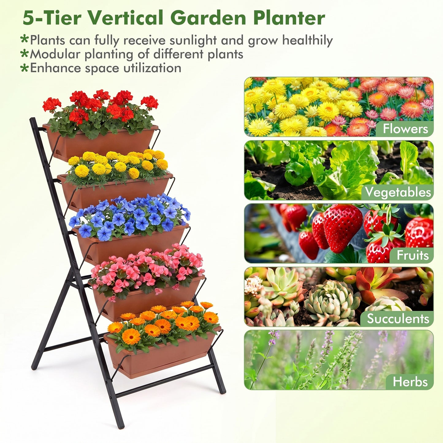 LIVSK Verticale Bloementrap - 5 Uitneembare Plantenbakken - Robuust Metalen Frame - Efficiënt Afwateringssysteem - Zwart/Rood