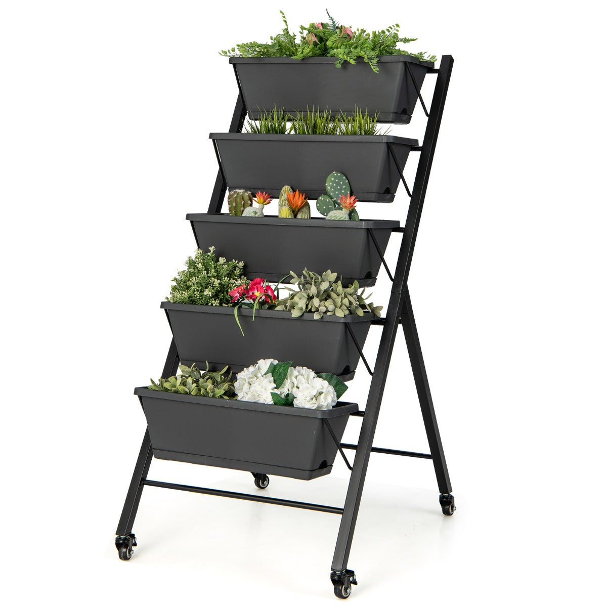 LIVSK Verticale Verhoogde Tuinbed - 5 Niveaus - Roestvrij Metalen Frame - Verwijderbare Bakken - 4 Wielen - Zwart
