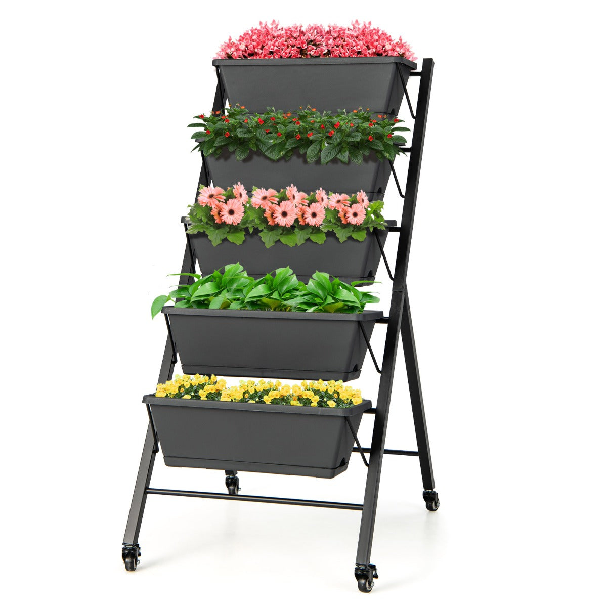 LIVSK Verticale Verhoogde Tuinbed - 5 Niveaus - Roestvrij Metalen Frame - Verwijderbare Bakken - 4 Wielen - Zwart