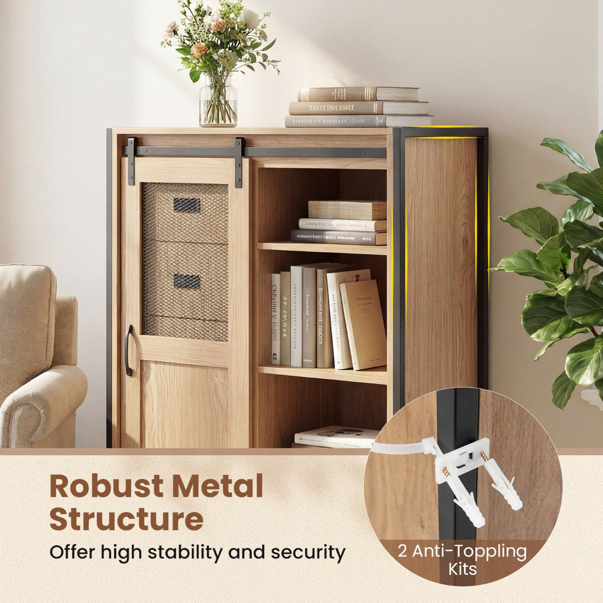 LIVSK Vloerkast - 5 Lades - 3 Verstelbare Planken - Schuifdeur - Robuust Metaal - Naturel