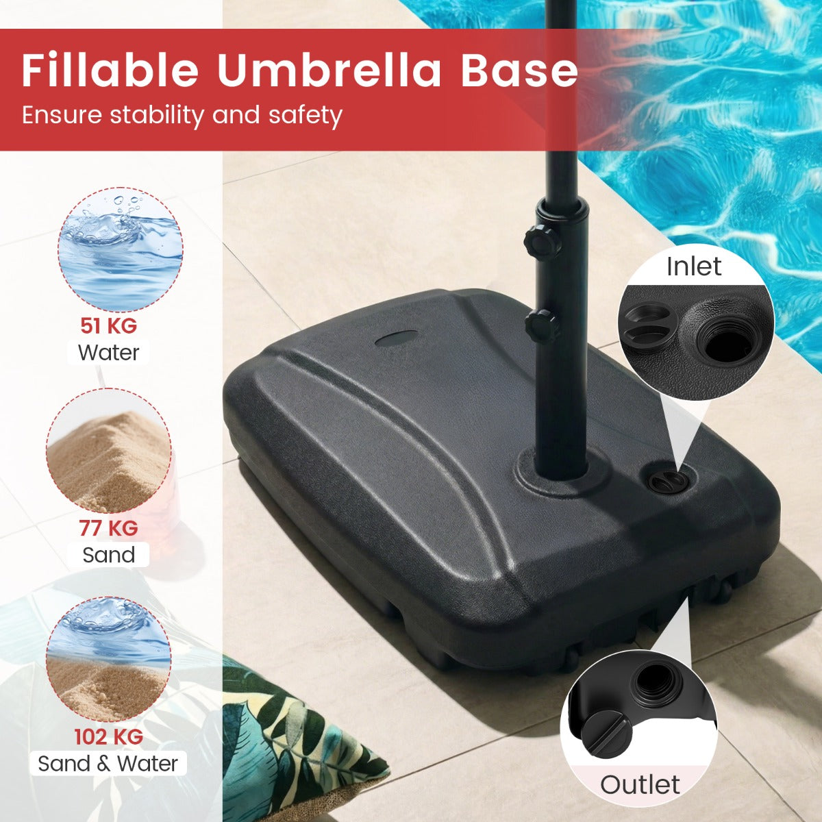 LIVSK Vulbare Parasolvoet - HDPE Materiaal - 102 kg Vulcapaciteit - Zwenkwielen - Eenvoudige Montage - Zwart