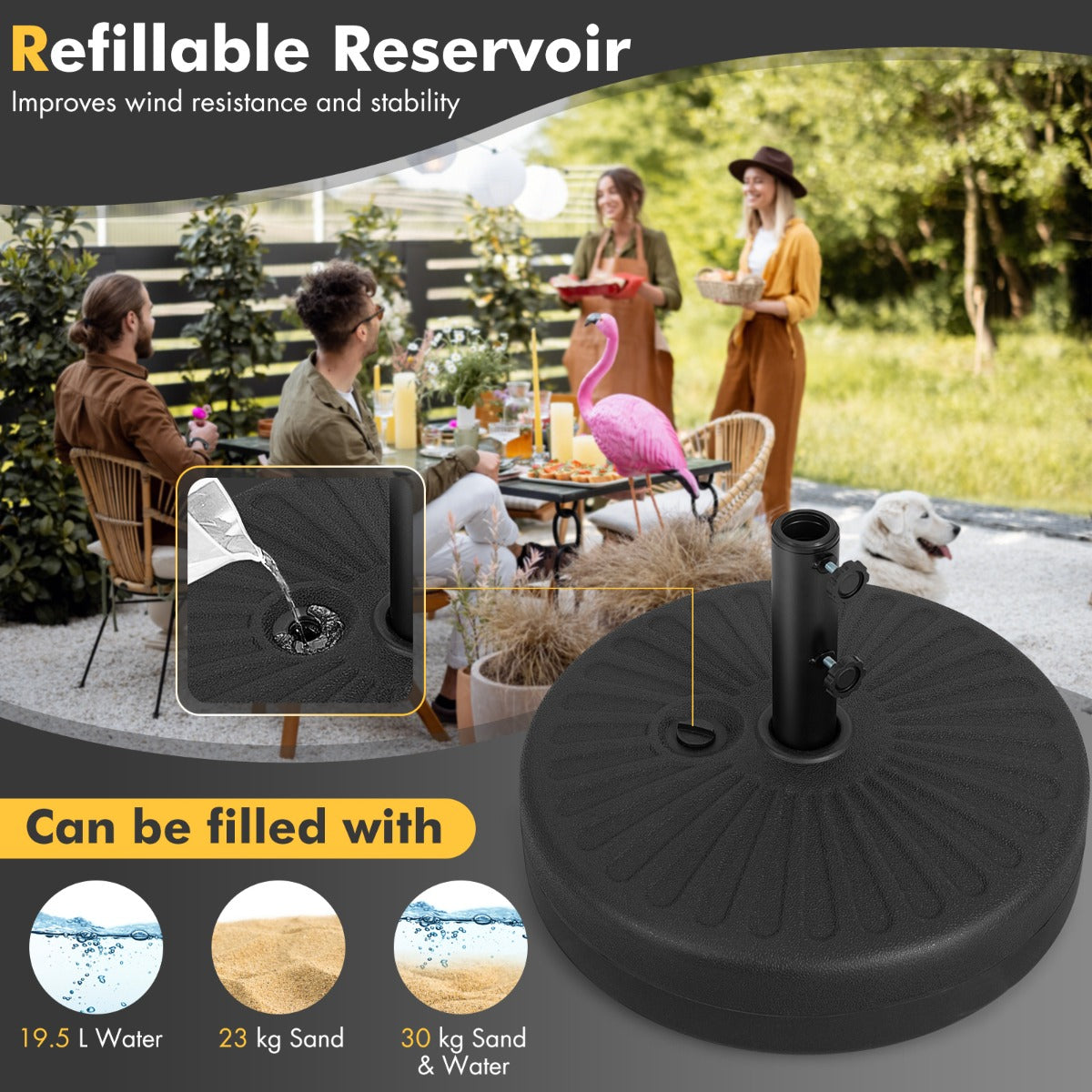 LIVSK Vullende Parasolvoet - HDPE Materiaal - Voor Ø 38/48 mm Parasols - Eenvoudige Montage - Zwart