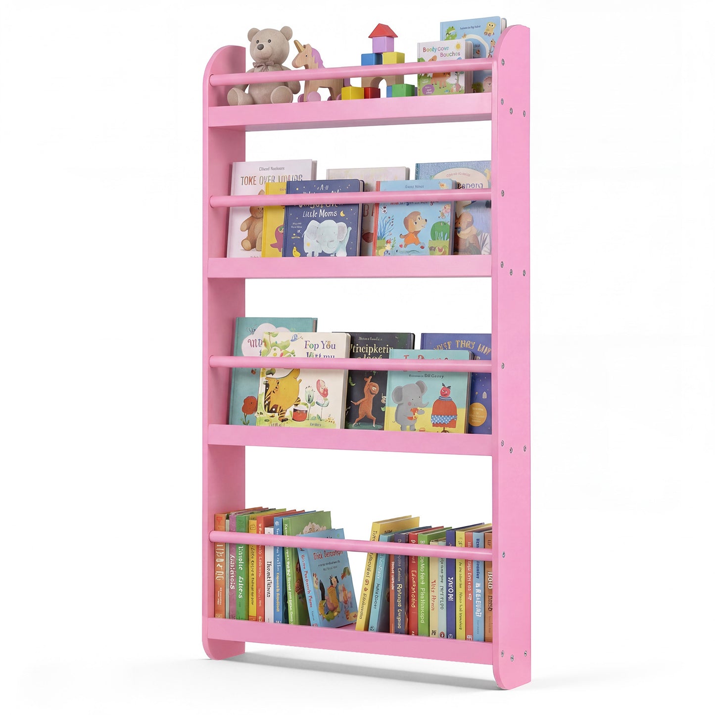 LIVSK Wandboekenplank - Ruimtebesparend Ontwerp - Vier Niveaus - Kindvriendelijk - Veilig Hout - Wit/Roze