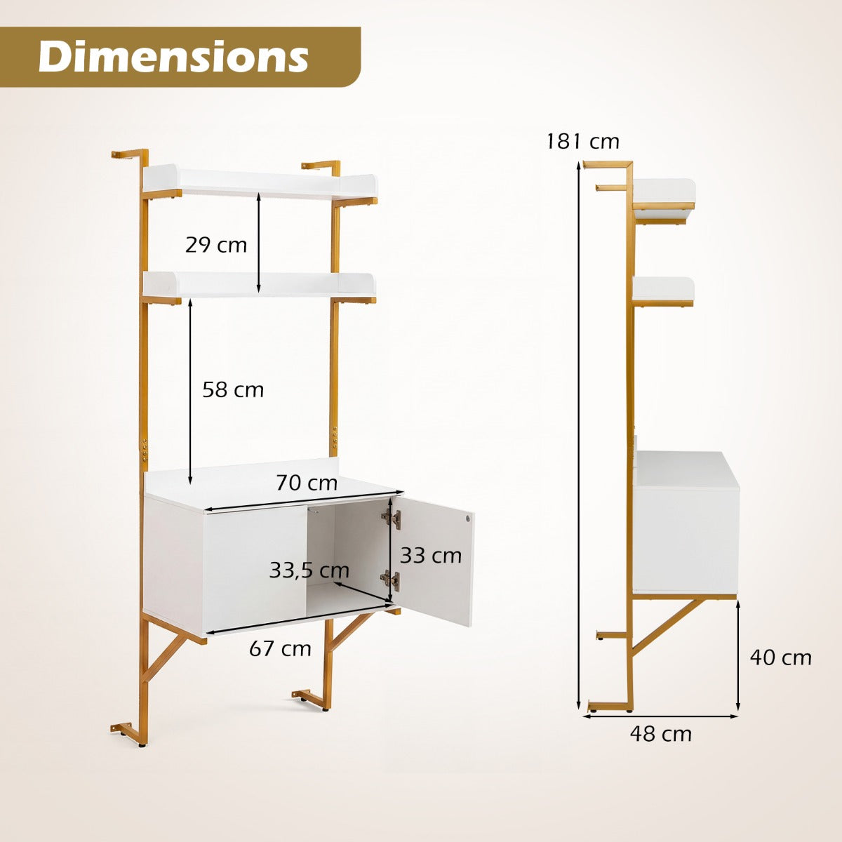 LIVSK Wandgemonteerde Ladderkast - 2 Open Planken - Kast met 2 Deuren - Goudkleurig Metaal - Wit & Goud - 70 x 48 x 181 cm