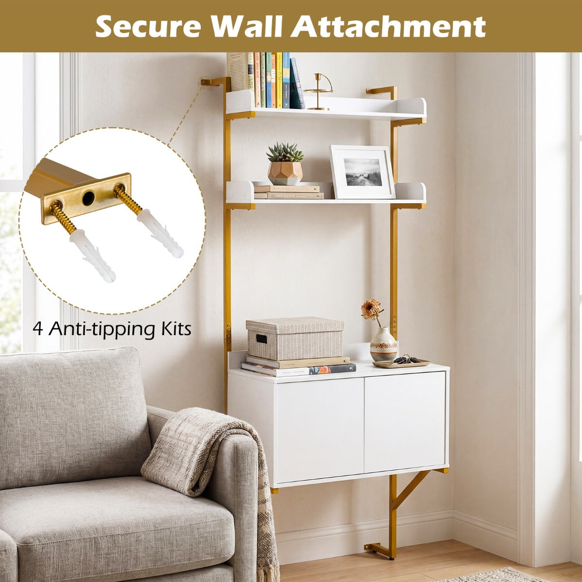 LIVSK Wandgemonteerde Ladderkast - 2 Open Planken - Kast met 2 Deuren - Goudkleurig Metaal - Wit & Goud - 70 x 48 x 181 cm