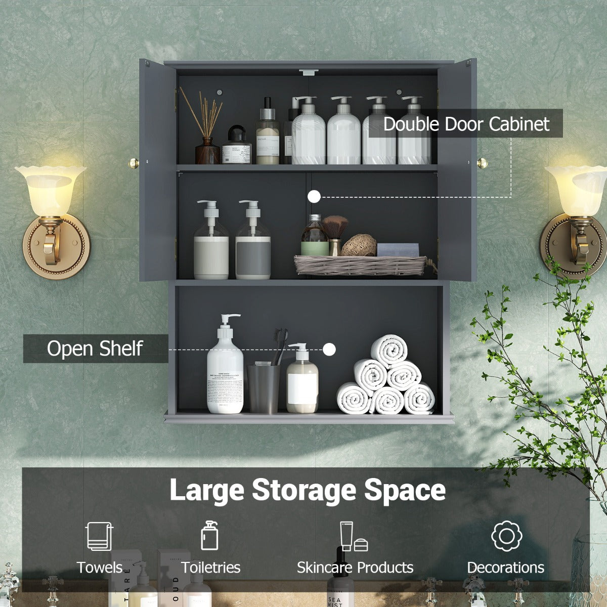 LIVSK Wandkast met 2 Deuren - Verstelbare Plank - Open Rek - Modern Ontwerp - Ideaal voor Badkamer - Zwart/Grijs/Groen