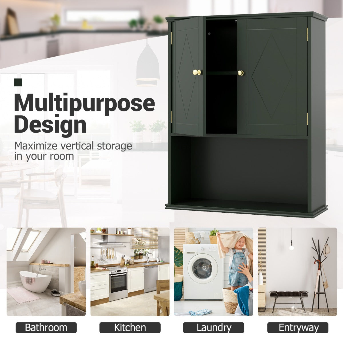 LIVSK Wandkast met 2 Deuren - Wandgemonteerd - Verstelbare Plank - Open Vak - Modern Ontwerp - Zwart / Grijs / Groen
