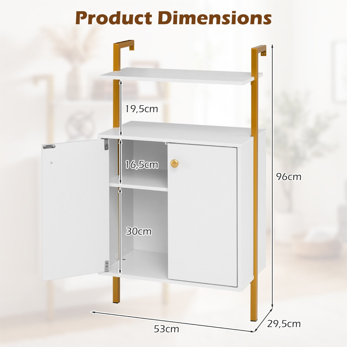 LIVSK Wandkast met 4 Verdiepingen - Robuust Metalen Frame - Multifunctionele Opbergruimte - Eenvoudige Montage - Wit + Goud