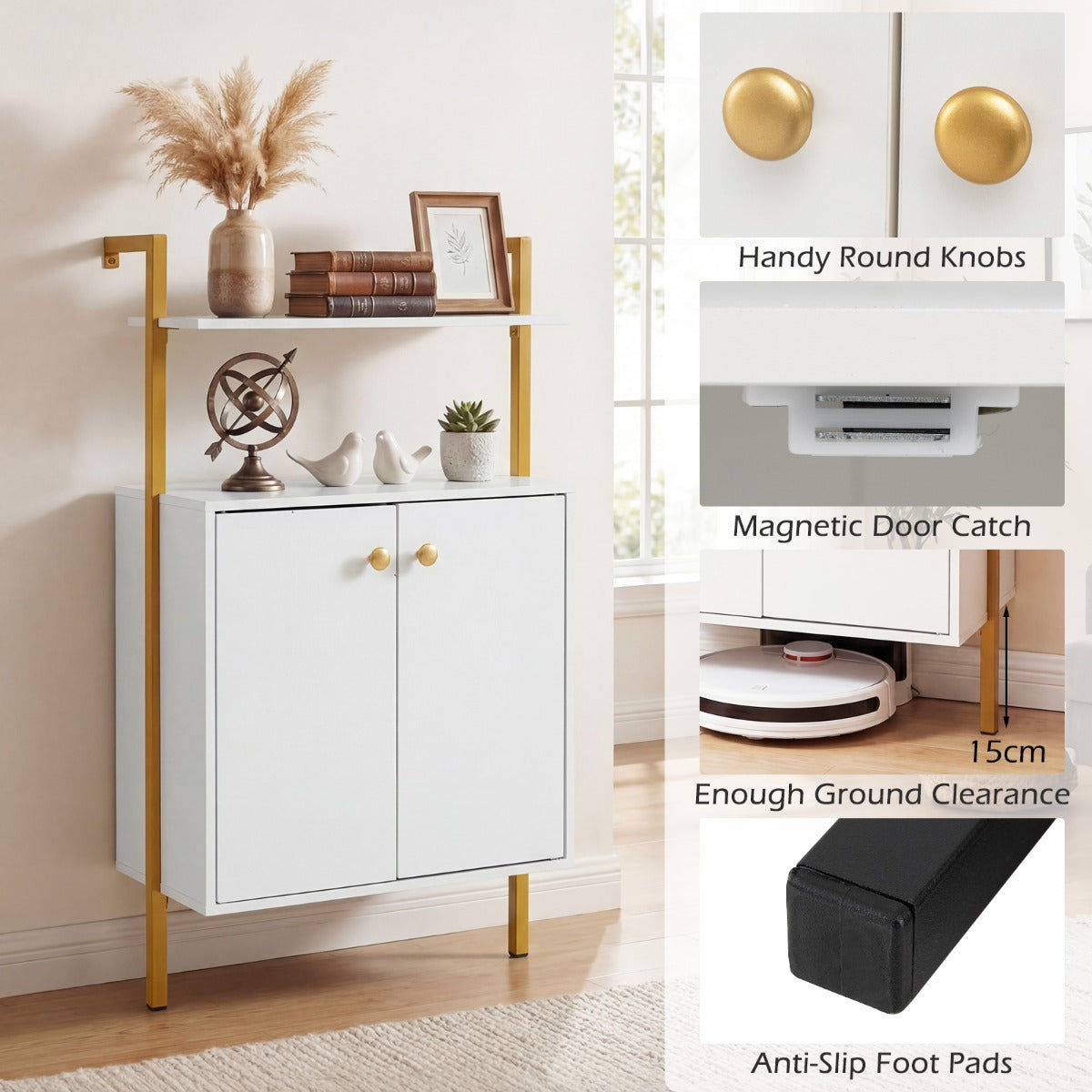 LIVSK Wandkast met 4 Verdiepingen - Robuust Metalen Frame - Multifunctionele Opbergruimte - Eenvoudige Montage - Wit + Goud