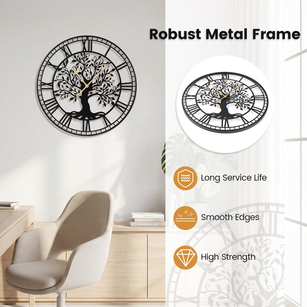 LIVSK Wandklok met Levensboom - Stille Quartzwerking - Grote 68 cm - Ruimtebesparend Ontwerp - Zwart