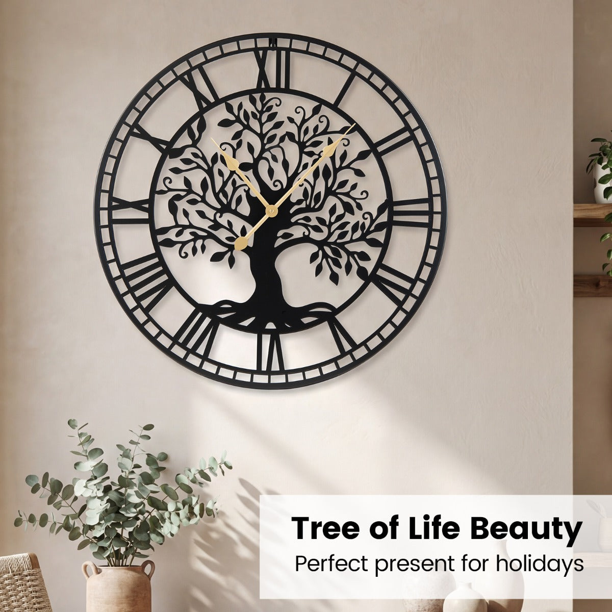 LIVSK Wandklok met Levensboom - Stille Quartzwerking - Grote 68 cm - Ruimtebesparend Ontwerp - Zwart