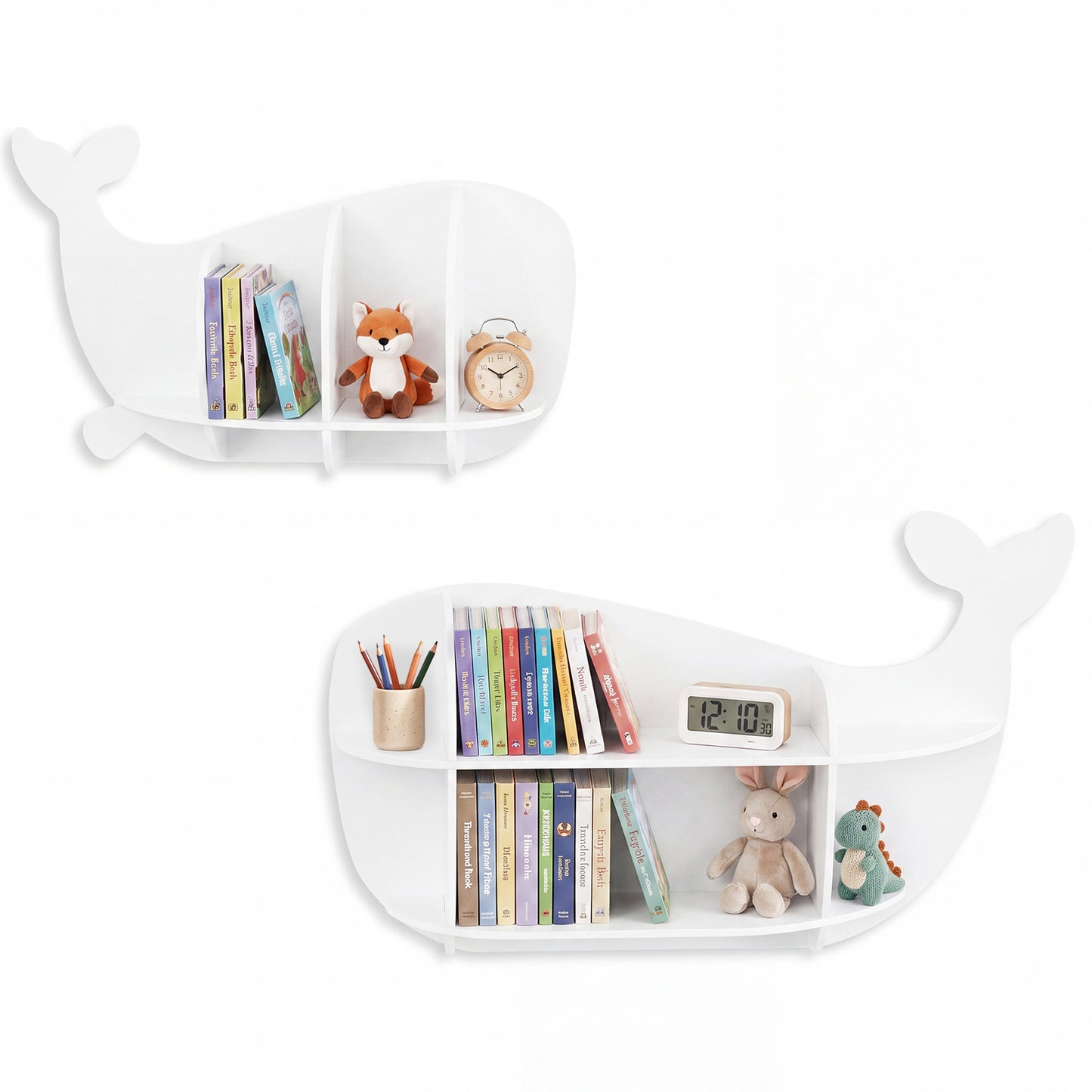 LIVSK Wandplankenset - Schattig Walvisontwerp - Ruimtebesparend - Veilig Hout - Voor Kinderkamer - Wit