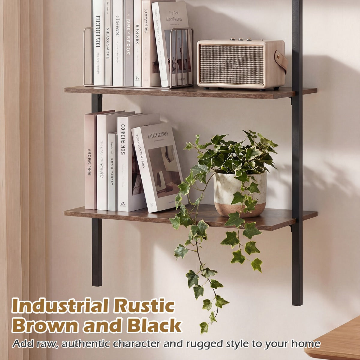 LIVSK Wandrek met 3 Planken - Robuust Metalen Frame - Eenvoudige Montage - Ruimtebesparend Ontwerp - Goud en Wit / Rustiek Bruin