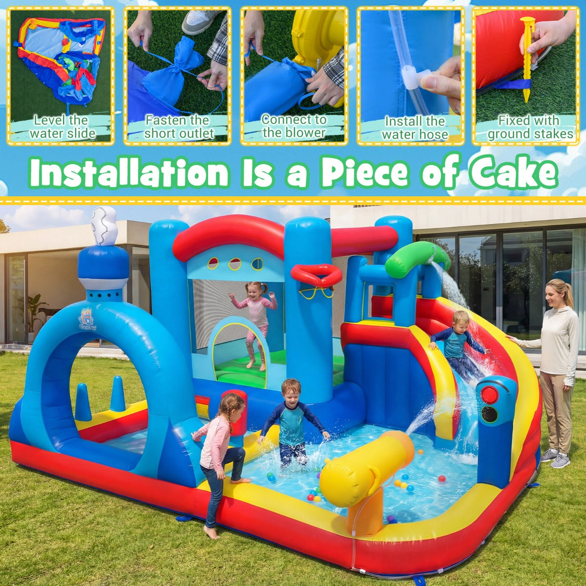 LIVSK Waterglijbaan met Peuterbad - Lange Glijbaan - Inclusief 50 Oceaanballen - Duurzaam Oxford en PVC - Meerkleurig