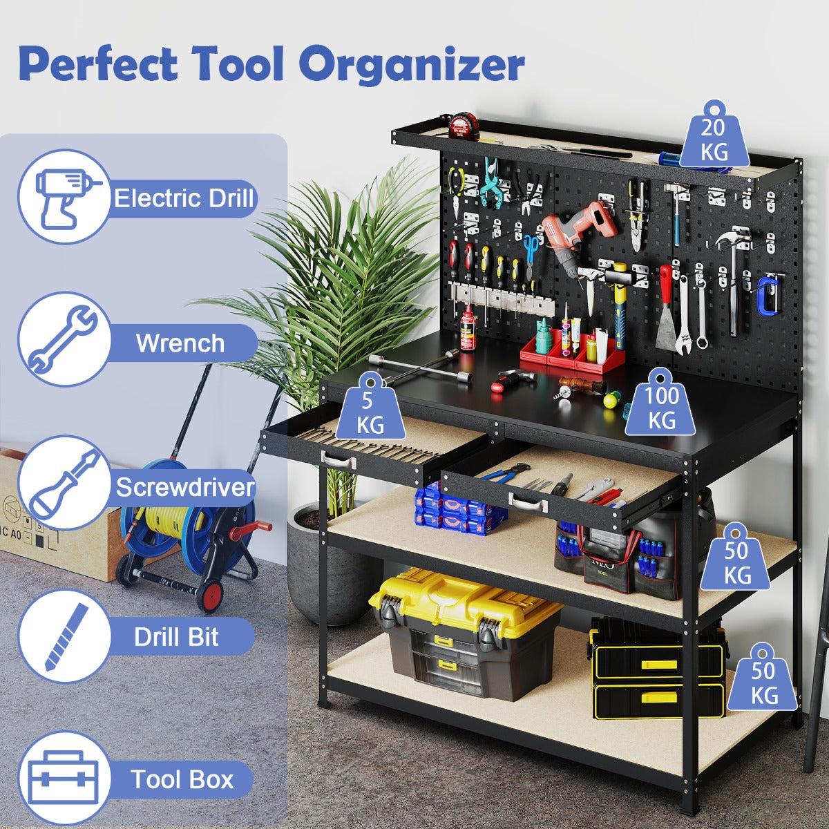 LIVSK Werkbank - Robuuste Constructie - 230 kg Draagvermogen - Geperforeerde Panelen - Inclusief 24 Ophangaccessoires - Zwart