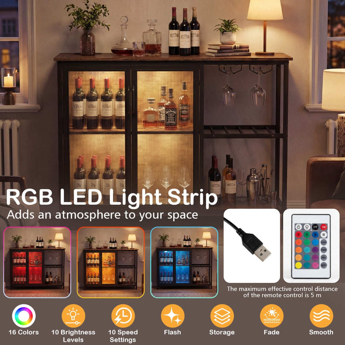 LIVSK Wijnkast met Stopcontacten - LEDverlichting - Vrijstaande Koffiebar - Wijnrekken en Glazenhouders - Zwart