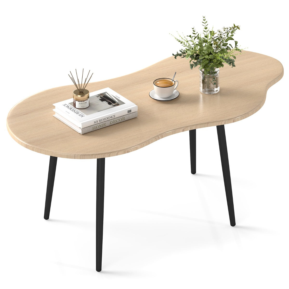 LIVSK Wolkvormige Salontafel - Onregelmatig Tafelblad - Stevig Metalen Frame - Royale Opbergruimte - Naturel/Notenhout