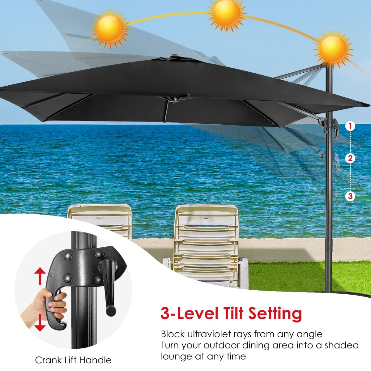 LIVSK Zweefparasol 300x300 cm - 360° Draaibaar - Kantelverstelling - UV-bestendig Polyester - Zwart