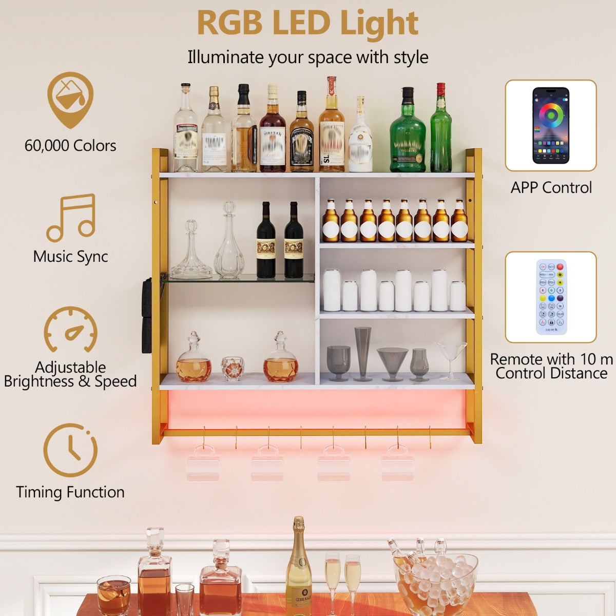 LIVSK Zwevende Wandplank - Metalen Frame - RGB LED Verlichting - 6 Open Planken - Inclusief Haken - Goud + Wit