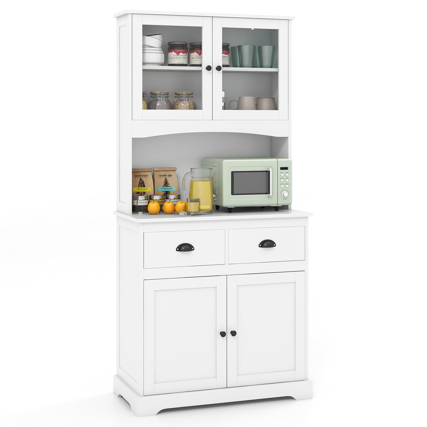 Costway 170 cm Hoog Dressoir met Opzetstuk Servieskast met 4 Deuren van Gehard Glas Wit